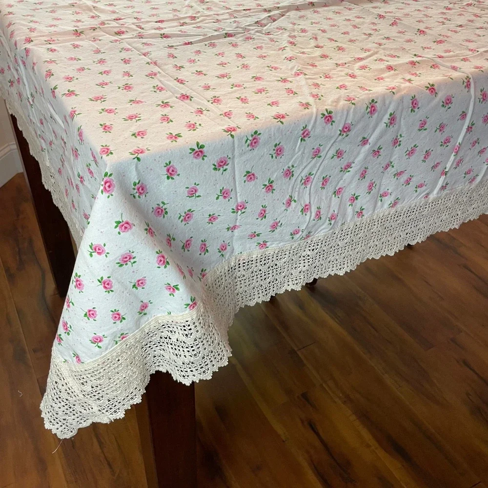 Rose Floral Tablecloth Rectangle Size 60x46 White Lace Trim Cottagecore DIY